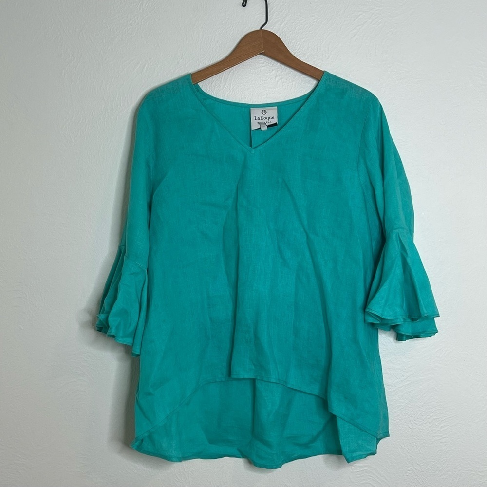LaRoque Original Cyan Linen 3/4 Bell Sleeve V-Neck High Low Blouse Top S…